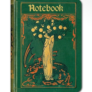 May include: A green notebook with gold lettering that reads Notebook at the top. The cover features a gold illustration of a figure standing under a tree with round fruit, positioned above a large dragon with orange and black scale details.