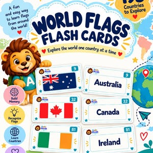 Könnte beinhalten: Ein Set World Flags Flash Cards von Ando Minds mit einem Cartoon-Löwen-Maskottchen. Die Karten zeigen Flaggen und Namen für Australien, Kanada und Irland, mit Text wie 195 Countries to Explore und Build Memory.