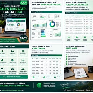 Könnte beinhalten: Ein digitales Small Business Sales Manager Toolkit Pro für Microsoft Excel mit Manager-Dashboard, CRM-Kunden-Tracker, Verkaufstracker und Provisionsrechner. Das Toolkit enthält verschiedene Datenvisualisierungsdiagramme, Tabellen und ein Benutzerhandbuch zur Verfolgung von Verkaufsleistung, Kundenbesuchen und Produktkennzahlen.