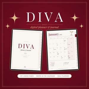 Peut inclure: Un agenda et journal numérique intitulé DIVA 2027 affiché sur deux écrans de tablette sur un fond rouge foncé. L'écran de gauche montre la page de couverture, tandis que l'écran de droite affiche un calendrier de janvier 2027.