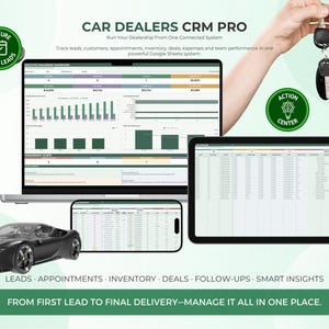 May include: A digital dashboard titled CAR DEALERS CRM PRO displayed on a laptop, tablet, and smartphone. The interface shows data charts, inventory, and leads. Includes a black sports car model, car keys, and text: FROM FIRST LEAD TO FINAL DELIVERY.