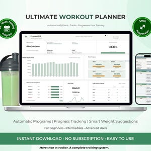 Può includere: Un pianificatore di allenamento digitale visualizzato su uno schermo di laptop e smartphone, con grafici, barre di avanzamento e dati di allenamento. L'interfaccia include il testo Ultimate Workout Planner, ProgressGrid e varie metriche di fitness.