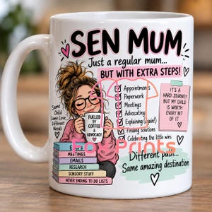 May include: A white ceramic mug featuring a cartoon illustration of a person with glasses holding a coffee cup. Text includes SEN MUM, Just a regular mum... BUT WITH EXTRA STEPS!, a checklist of tasks, and notes about a child's needs and journey.