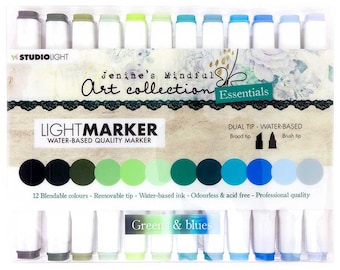 Jenine"s Mindful Art collection, LIGHT MARKERS, water based dual tip quality markers in greens and blues