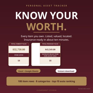 Personal Asset Tracker Spreadsheet | Home Inventory Excel Template | Insurance Valuables List Organizer | Google Sheets