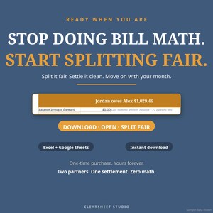 K&ouml;nnte beinhalten: Eine digitale Grafik auf blauem Hintergrund mit dem Text READY WHEN YOU ARE, STOP DOING BILL MATH. START SPLITTING FAIR. Sie zeigt eine Tabellenkalkulation mit Jordan owes Alex $1,029.46 sowie Schaltfl&auml;chen f&uuml;r DOWNLOAD, OPEN und SPLIT FAIR.