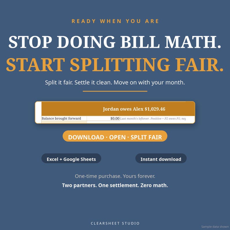 K&ouml;nnte beinhalten: Eine digitale Grafik auf blauem Hintergrund mit dem Text READY WHEN YOU ARE, STOP DOING BILL MATH. START SPLITTING FAIR. Sie zeigt eine Tabellenkalkulation mit Jordan owes Alex $1,029.46 sowie Schaltfl&auml;chen f&uuml;r DOWNLOAD, OPEN und SPLIT FAIR.