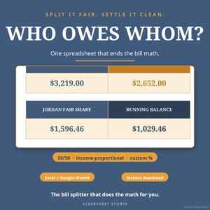 May include: A digital spreadsheet template for bill splitting with the text SPLIT IT FAIR. SETTLE IT CLEAN. WHO OWES WHOM? One spreadsheet that ends the bill math. It displays financial data including Jordan Fair Share and Running Balance.