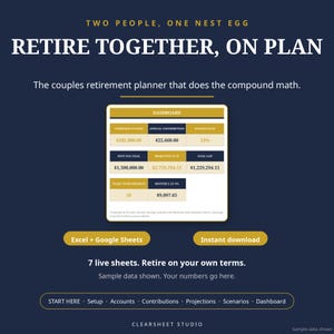 Könnte beinhalten: Ein digitaler Ruhestandsplaner für Paare mit einem Dashboard für Finanzdaten, einschließlich kombinierter Ersparnisse, jährlicher Beiträge und Sparziele. Text: TWO PEOPLE, ONE NEST EGG, RETIRE TOGETHER, ON PLAN, Excel + Google Sheets.