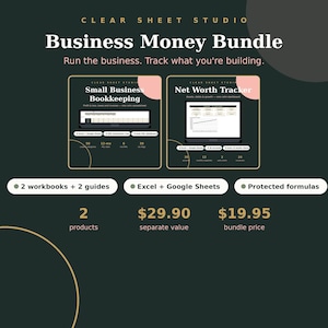 Pode incluir: Um pacote digital de finanças empresariais da Clear Sheet Studio com uma planilha de contabilidade para pequenas empresas e um rastreador de patrimônio líquido. O gráfico mostra dois livros de trabalho, dois guias, compatibilidade com Excel e Google Sheets e fórmulas protegidas.