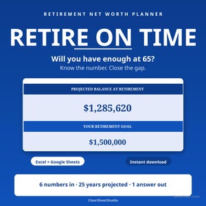 May include: A digital retirement net worth planner template with a blue background. Text reads: RETIRE ON TIME, Will you have enough at 65?, PROJECTED BALANCE AT RETIREMENT $1,285,620, YOUR RETIREMENT GOAL $1,500,000, Excel + Google Sheets, and 6 numbers in 25 years projected 1 answer out.