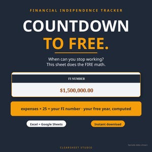 May include: A digital financial independence tracker spreadsheet with a dark blue background and orange text. It features the title COUNTDOWN TO FREE, a FI NUMBER field showing $1,500,000.00, and a formula box. Includes Excel + Google Sheets labels.