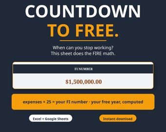 Könnte beinhalten: Eine digitale Finanzunabhängigkeits-Tracker-Tabelle mit dunkelblauem Hintergrund und orangefarbenem Text. Sie zeigt den Titel COUNTDOWN TO FREE, ein FI NUMBER-Feld mit 1.500.000,00 $ und eine Formelbox. Enthält Excel + Google Sheets-Labels.