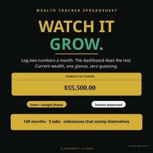 Könnte beinhalten: Eine digitale Vermögensverfolgungs-Tabelle mit schwarzem Hintergrund und goldenen Akzenten. Der Text lautet: WEALTH TRACKER SPREADSHEET, WATCH IT GROW, Log two numbers a month, CURRENT NET WORTH $55,500.00, Excel + Google Sheets, 120 months 5 tabs.
