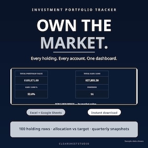 Peut inclure: Tableau de bord numérique de suivi de portefeuille d'investissement avec le texte OWN THE MARKET. Every holding. Every account. One dashboard. Affiche une valeur totale de 109 871,00 $, un gain/perte de 37 893,50 $, 52,6 % et 14 positions.