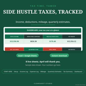 Side Hustle Tax Tracker | Freelancer Tax Spreadsheet Excel | Income, Deductions, Mileage & Quarterly Estimates