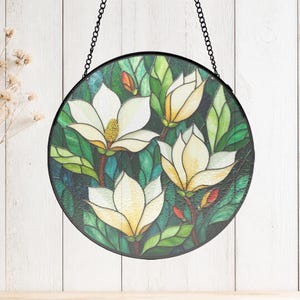 Deep Green Magnolia Framed Glass Panel, Round Window Hanging for Botanical Home Decor, new home gift, round glass decor