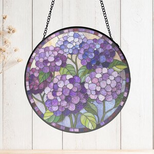 Mophead Hydrangea Round Painted Glass Panel, Black Frame Window Decor, Garden Lover Gift, purple flower decor, black frame decor