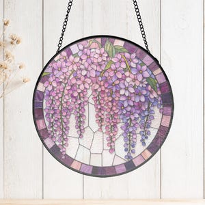 Pink Wisteria Flowers Painted Glass Panel, Round Window Decor for Cottage Garden Homes, floral glass panel, pink botanical decor