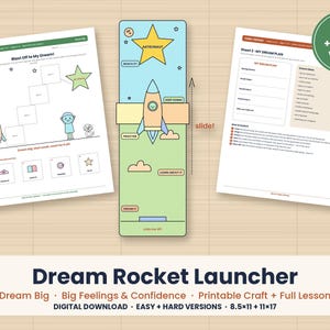 Può includere: Un set di lavoretti stampabile Dream Rocket Launcher che include due fogli di attività e un meccanismo a scorrimento verticale centrale. I fogli contengono testi come Blast Off to My Dream e My Dream Plan, con un razzo e delle nuvole.