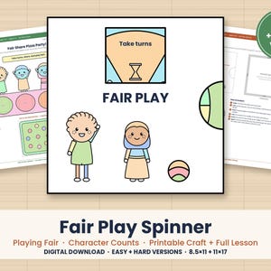 May include: A printable Fair Play Spinner activity sheet featuring cartoon characters, a pizza party graphic, and an hourglass icon with the text Take turns and Fair Play. The set includes easy and hard versions for a lesson on playing fair.
