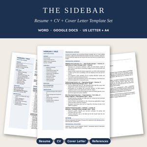 May include: A digital template set titled THE SIDEBAR, featuring a resume, CV, and cover letter for Word and Google Docs in US Letter and A4 sizes. The document displays professional summary, experience, skills, and education sections.