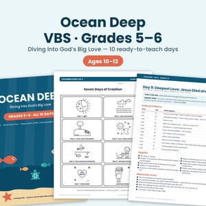 Op de afbeelding: Een set educatieve materialen getiteld Ocean Deep VBS Grades 5-6, Diving Into God's Big Love. De documenten bevatten een voorpagina met oceaanafbeeldingen, een kleurplaat over de zeven dagen van de schepping en een lesplan voor dag 9.