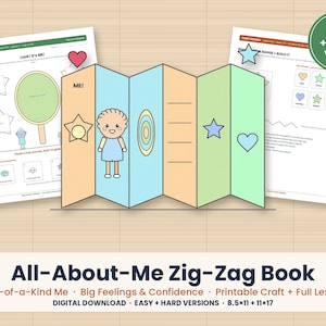 May include: A printable All-About-Me zig-zag book craft featuring a central accordion-folded paper with a cartoon character, shapes, and lines. Two background activity sheets show instructions and shapes, with a green badge stating Easy + Hard versions.