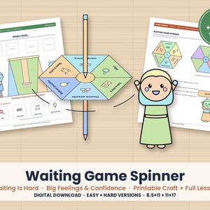 May include: A printable waiting game spinner activity featuring a hexagonal board with six activity segments, a central pencil, and two instruction sheets. The game includes illustrations of a character and text labels like Countdown, I Spy, and Tell a Story.