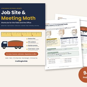 May include: A field manual titled Job Site & Meeting Math: Shortcuts for the Field and the Office. The cover features a ruler, a dump truck graphic, and text listing 570+ problems and real job scenarios. Includes interior pages with charts on Bank, Loose & Compacted Yards.