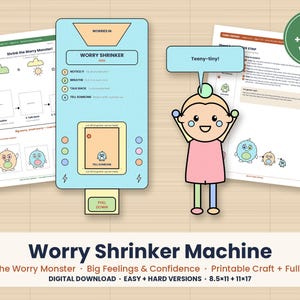 Può includere: Un set di lavoretti stampabili Worry Shrinker Machine che include una macchina interattiva azzurra con una linguetta da tirare, un personaggio dei cartoni animati con un fumetto che dice Teeny-tiny e fogli di lavoro con istruzioni.
