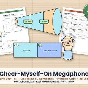 May include: A printable craft set featuring a megaphone graphic with light blue and peach sections, including text boxes with phrases like I can do this and Keep going. Includes a character illustration, flip cards with text, and instructional sheets.