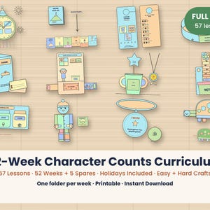 May include: A collection of printable educational paper crafts and activity sheets for a 52-week character counts curriculum. The set includes colourful illustrations of clocks, robots, turtles, and various interactive cards with text labels.