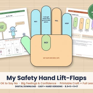 May include: A printable educational craft featuring a large hand-shaped cutout with lift-flaps labelled NO, GO, TELL, and KEEP, alongside two activity sheets. The hand is peach-coloured with light blue and yellow fingers. Text includes My Safety Hand Lift-Flaps.