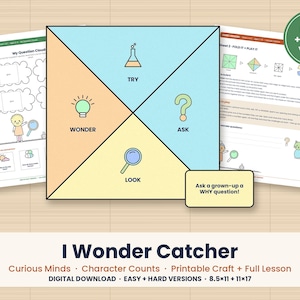 Op de afbeelding: Een printbare I Wonder Catcher knutselset met een vierkant verdeeld in vier gekleurde driehoeken, gelabeld met TRY en een kolf, ASK en een vraagteken, LOOK en een vergrootglas, en WONDER en een gloeilamp. Inclusief instructiebladen.