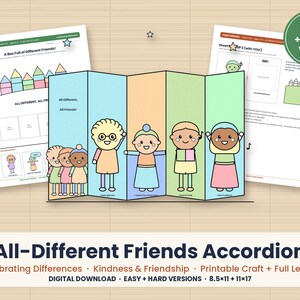 Puede incluir: Una manualidad de acordeón imprimible titulada All-Different Friends Accordion con ilustraciones coloridas de diversos personajes. El set incluye versiones fácil y difícil, materiales de lección y hojas de actividades en páginas de 8.5x11 y 11x17.
