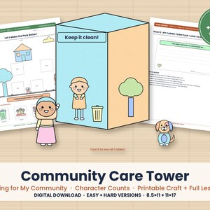 Może przedstawiać: Zestaw do wycinanek Community Care Tower do druku, zawierający centralne pudełko 3D z ilustracjami osoby, drzewa i kosza na śmieci, wraz z dwoma arkuszami zadań, wycinanką postaci oraz pieskiem z napisem Keep it clean.