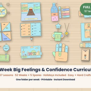 Op de afbeelding: Een 52-weken curriculum voor grote gevoelens en zelfvertrouwen met 57 printbare lessen. De collectie bevat diverse kleurrijke papieren knutselwerken, interactieve grafieken en activiteitenkaarten met illustraties van een vulkaan, een hand en een klok.