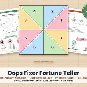 May include: A printable Oops Fixer Fortune Teller craft set featuring a central square divided into eight coloured triangles numbered one through eight, flanked by two instructional activity sheets with cartoon characters and text instructions.