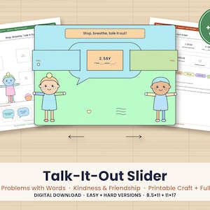 Op de afbeelding: Een printbare Talk-It-Out schuifknutselset met twee stripfiguren op een lichtgroene achtergrond en een tekstballon met de tekst Stop, breathe, talk it out! en 2. SAY I feel ____ when ____. Inclusief makkelijke en moeilijke versies.