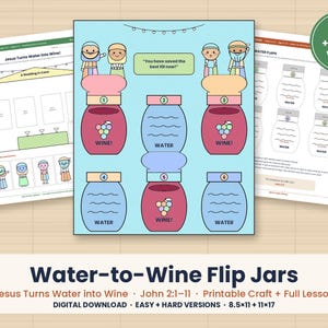 以下が含まれることがあります： Jesus Turns Water into Wineと題された印刷可能なクラフトアクティビティシート。水やワインを表示するために反転する6つの番号付きジャー、漫画のキャラクター、およびYou have saved the best till nowというテキストが含まれています。