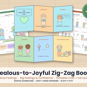 May include: A printable zig-zag book titled My Jealous-to-Joyful Book featuring cartoon illustrations and text about managing emotions. The pages include sections labeled Notice It, Name It, Be Kind, My Good Stuff, and My Turn Will Come.