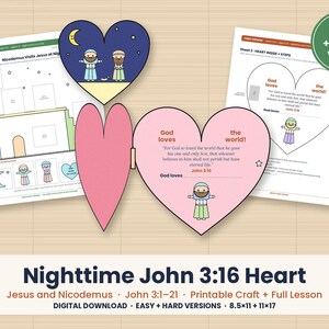 Puede incluir: Un set de manualidades imprimible con el tema Corazón de Juan 3:16. Incluye dos hojas de papel con instrucciones, un recorte de corazón azul oscuro que muestra una escena nocturna y un recorte de corazón rosa con texto de Juan 3:16.