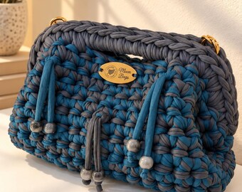 Nora - Ocean Blue & Gray Crochet Handbag