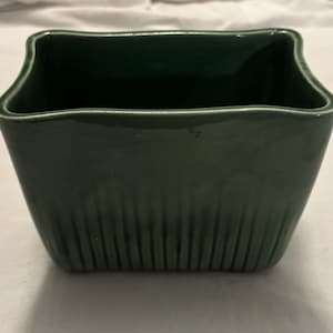 Vintage grön keramikkruka, USA keramik Rektangulär MCM-kruka, räfflad mitten av århundradet keramik, 15 cm