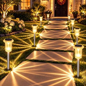 May include: A series of solar-powered path lights with silver metal stakes and clear, ribbed glass shades. Each light features a solar panel on top and emits a warm, bright glow that casts distinct, starburst-like patterns across the concrete walkway.