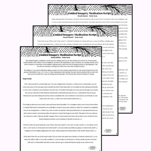 May include: A three-page printed document titled Guided Imagery Meditation Script: Beach Sunset - Body Scan. The text provides instructions for a guided meditation session, including a script for a beach-themed visualization and body scan.