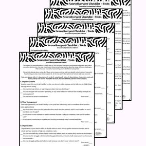 Può includere: Una pila di pagine stampate intitolate Neurodivergent Checklist + Tools Executive Dysfunction Edition. Le pagine presentano motivi astratti in bianco e nero nella parte superiore e includono sezioni per il controllo degli impulsi.