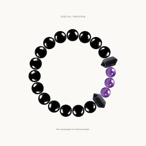 May include: A circular arrangement of beads featuring smooth black spherical beads, two black hexagonal beads, and three translucent purple spherical beads. The text DIGITAL PREVIEW appears at the top and Not a photograph of a finished bracelet. at the bottom.
