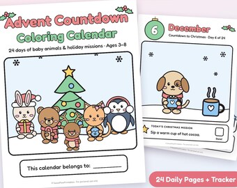 Pagine da colorare del calendario dell'Avvento per bambini, conto alla rovescia di 24 giorni per Natale, stampabili.